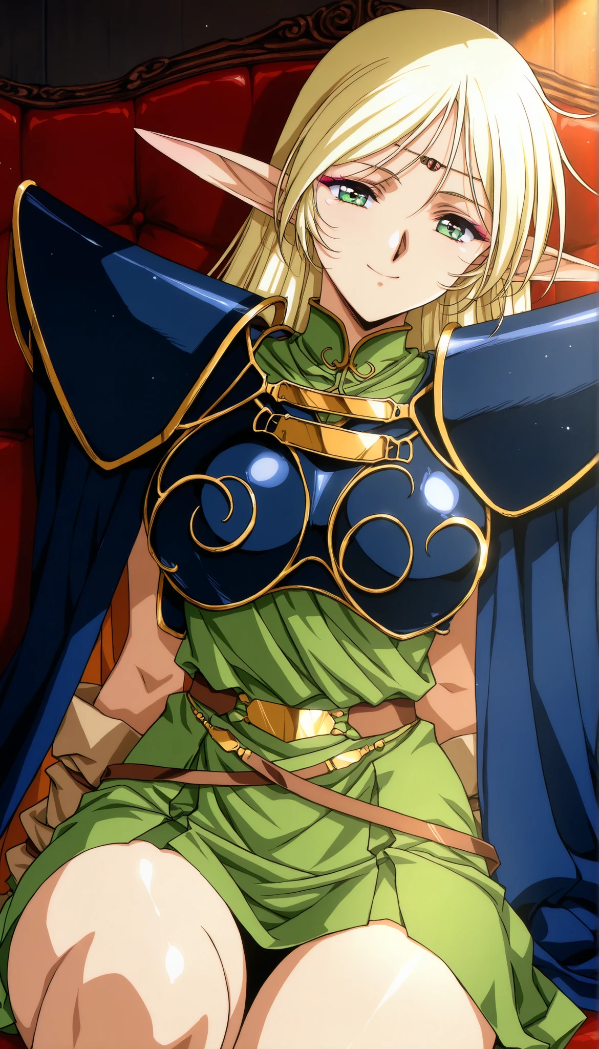 score_9, score_8_up , score_7_up , score_6_up , score_5_up , score_4_up ,anime,Clip skip :2,(masterpiece:1.3), (extremely detailed CG unity 8k wallpaper),top quality , amazing quality, high resolution, Absurd, very aesthetic, high resolution, (ultra detail), perfect detail ,( beautiful eyes:1.3),(feature large highlight:1.4),(Aesthetic Anime Eyes:1.4),(28歳),成熟した大人の女性,1 Female, deedlit \(Record of Lodoss War\), ((Blonde, long hair)), green dress, circlet, sleeveless,shoulder armor,armor,breastplate,cloak,blue cloak, smile, Eyeliner, Upper Eye Care, Big Breasts, Dramatic Lighting, Dark Fantasy ,美しい脚, indecent vibe, bedroom background :2, cinematic composition , anime style:1.2, sitting,