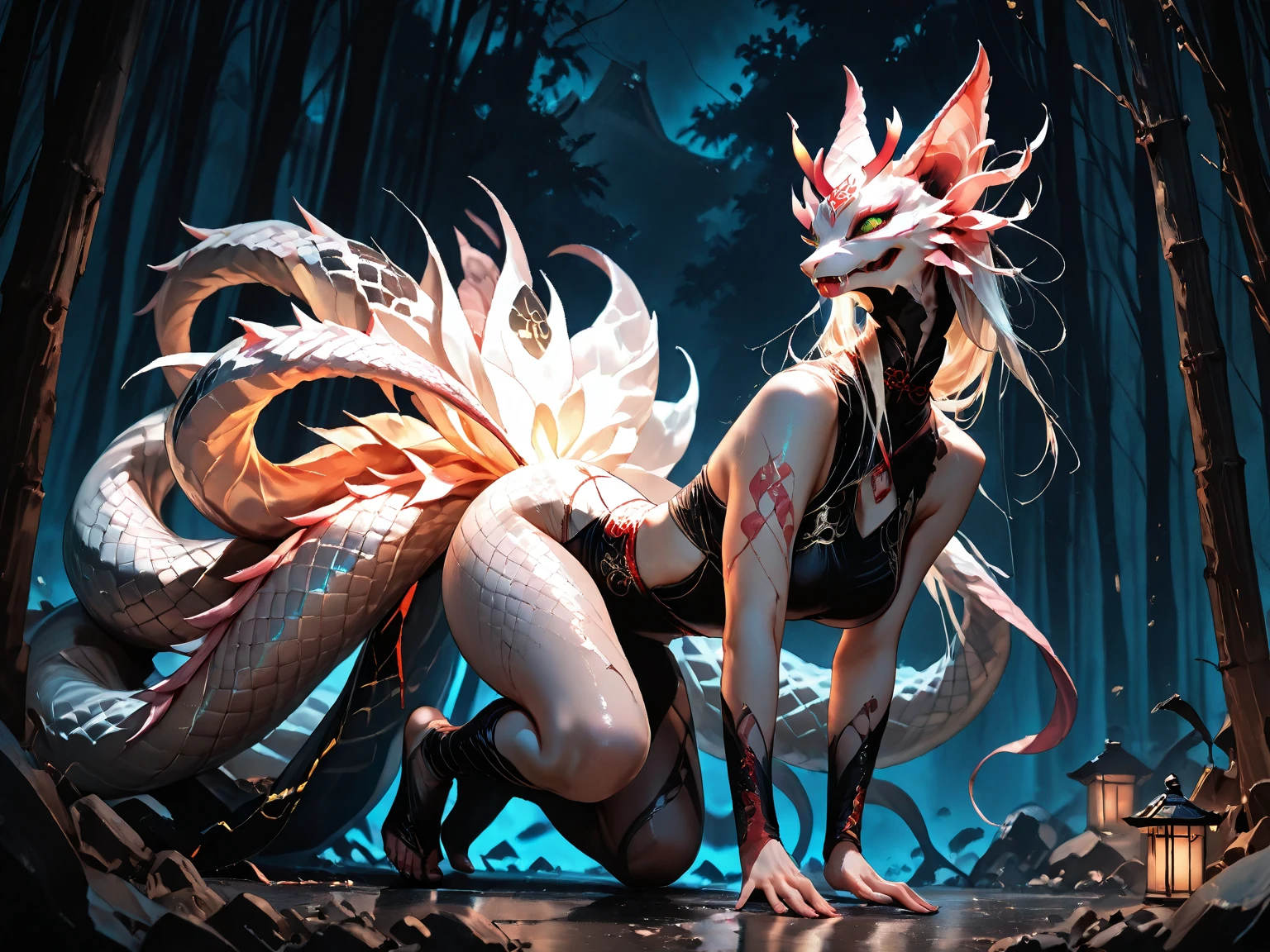 send，tmasterpiece，beautifuldetails，Extremely colorful，Exquisite details，Delicate lips，The details are complex，Realiy，Ultra photo realsisim，A girl and a white-haired fox sit on a branch：1.1，Raised sexy，seductiv，ethereal fox，nine tail fox，Fox three-tailed fox， ((Jack-O pose)), kneeling,  Onmyoji detailed art，Nine tails，A beautiful artwork illustration，mythological creatures，red fox，black collar, pussy, anus, three-quarter view, Beautiful digital artwork，Exquisite digital illustration，mizutsune , Inspired by the mythical creature wildnet，Digital art on Pixiv，strong lights，hight contrast，Horror movie theme，Dark atmosphere，full bodyesbian