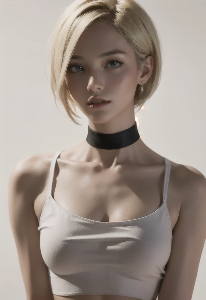 a 20 yo woman, blonde, (hi-top fade:1.3), dark theme, soothing tones, muted colors, high contrast, (natural skin texture, hyperrealism, soft light, sharp),bikini,brack eye,
