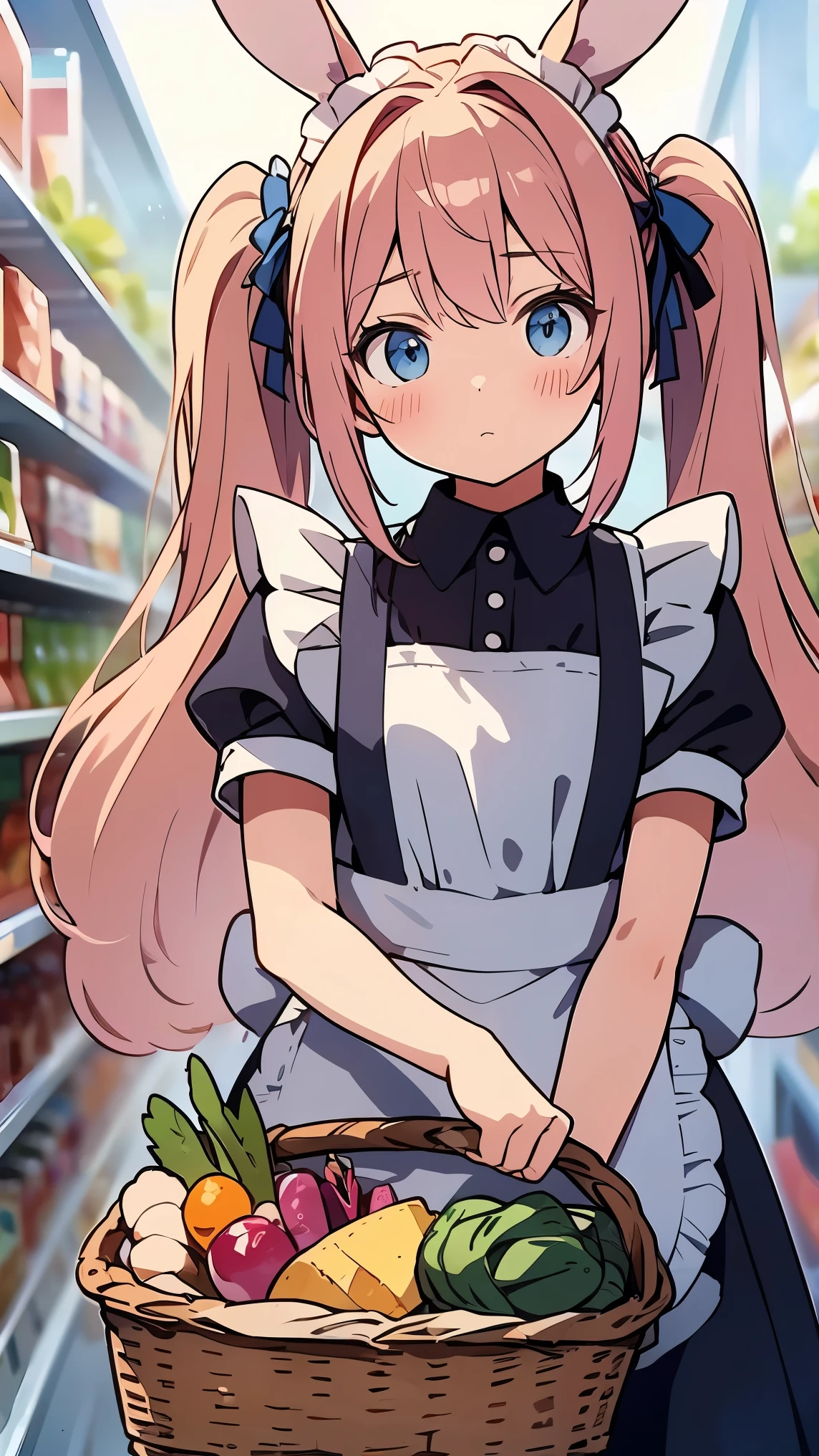 Bunny ears, pink hair, twintails, maid, maid apron, deep blue shirt, shopping basket, buying vegetables, thinking about what to buy, tilt one's head