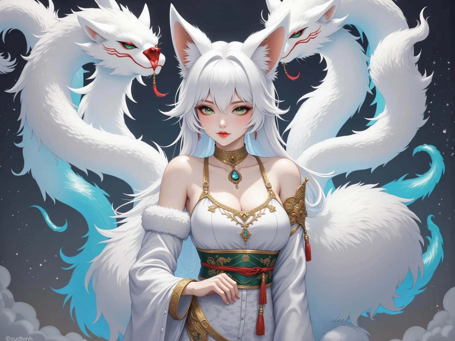 长发动漫女孩和fox, Beautiful platinum fox lady, 白毛fox, Beautiful character painting, Beautiful anime portrait, fox耳朵的女孩, a beautiful fox woman, Mystical artwork, guweiz, by Ren Renfa, fox, Large Breasts，Full breasts，Golden ratio figure，Perfect body，Ultra wide-angle shooting，Full body shot，Body close-up，Full body shot，Look at the audience，Wearing a tulle bikini，Soft anime illustration, Soft dark background，Fujifilm XT3 Clear focus, f 5.6, High Detail, Clear focus, Dramatic, (Wearing openwork clothing), (Looking at the audience:1.8), (Natural light), (Tempting)translucent, Good velvet quality, Compared, Divine Light,, Silver gray hair, Sky background, Absolute Strength,Female angels，Girl in sexy silk,，Large Breasts，Full breasts，Golden ratio figure，Perfect body，Ultra wide-angle shooting，Full body shot，Body close-up，Full body shot，Look at the audience，, Wearing a tulle bikini, Model shooting style, Large Breasts，Full breasts，Golden ratio figure，Perfect body，(Extremely detailed CG 8k wallpaper unit), The most beautiful artistic photos in the world, , 8K Ultra HD, soft light, high quality, Film Grain, Fujifilm XT3 Clear focus, f 5.6, High Detail, Clear focus, Dramatic, (Wearing openwork clothing), (Looking at the audience:1.8), (Natural light), (Tempting) Lying on your side in bed，Lazy gesture，Beautiful and moving expression