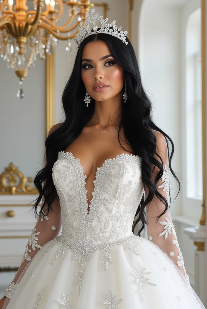 Realistic full body photo of a smiling black-haired woman with long hair, She dances in front of the camera in a long A-line wedding dress with straps made of shiny satin., Park,glamour fotoshooting, Wedding celebration, perfect anatomy, perfect brown eyes. Perfect hands with 5 fingers on each hand, Matching girl, looking at the camera, 1 Frau. (Eye make up:1.1), (highly detailed skin:1.1), spirit, analog style, keen focus, 8K UHD, dslr, good quality, Fujifilm XT3, Grain, Award-winning, masterpiece. Wedding celebration
