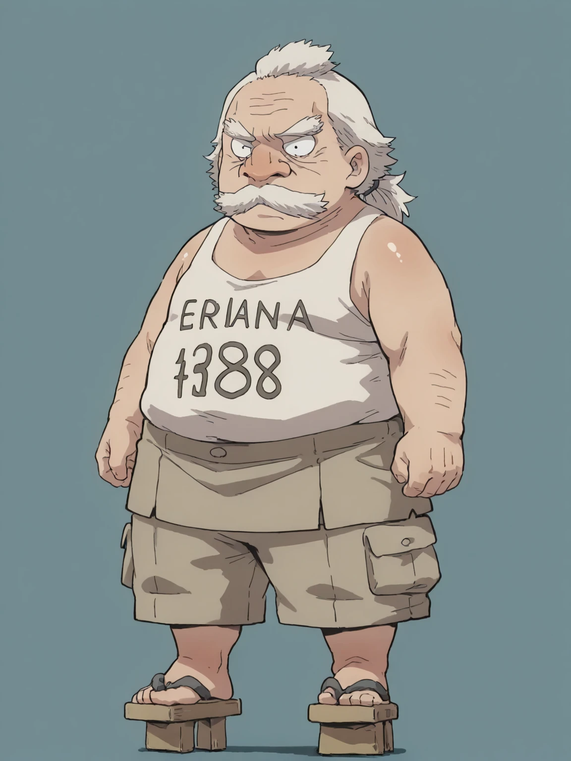 (((One Japanese old man))),長い眉毛,長い白髪,ponytail,long hair,((ぽっちゃりの丸顔))),big round nose,full body,great quality, old man ,flesh colored nose、Shiny skin,White baggy tank top,Beige baggy cargo pants,beard,geta,round body,fat,thick arms,hair tuft,male,round face,droopy eyes,oversized head,short legs,broad snout,fat,black eyes,masterpiece, 8k, high detail, f/1.8, 135mm, Nikon, UHD, retina, masterpiece, curate, anatomically correct, textured skin, super detail, high details, high quality, best quality, highres, 1080P, HD, 4K, 8k