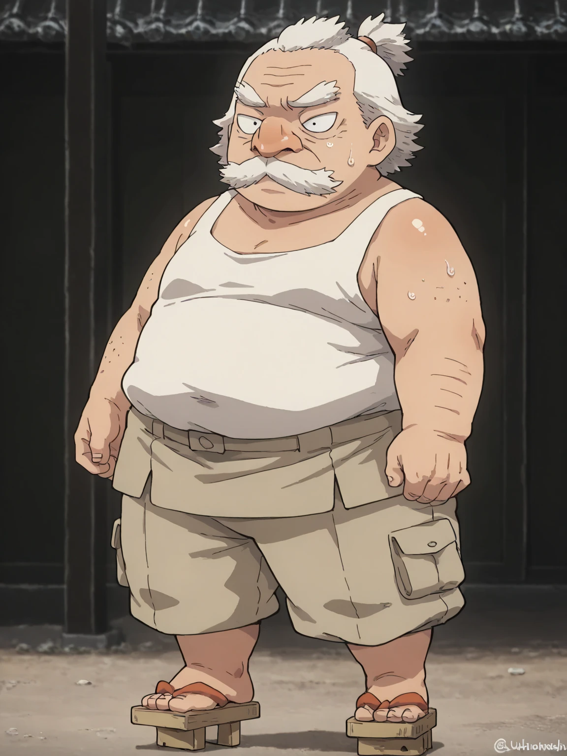 （（（One Japanese old man））），長い眉毛，長い白髪，ponytail，long hair，（（ぽっちゃりの丸顔））），big round nose，full body，great quality，  old man  ，flesh colored nose、Shiny skin，White baggy tank top，Beige baggy cargo pants，beard,geta,round body,fat,thick arms,hair tuft,male,round face,droopy eyes,oversized head,short legs,broad snout,fat,black eyes,masterpiece, 8k, high detail, f/1.8, 135mm, Nikon, UHD, retina, masterpiece, curate, anatomically correct, textured skin, super detail, high details, high quality, best quality, highres, 1080P, HD, 4K, 8k