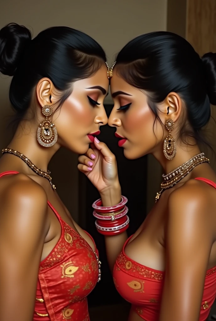 In indian home,2 younger indian lady & 60 yeras old eldery indian lady,total two indian ladies are involving wild kissing,these two ladies wears petticoat and home maded bras with cloths as per image prompt,both of them are kissing each other by raided up their one hand and exposing armpits,These both ladies having super long armpit hairs like rapunzel hairs,As per elderity eldery lady having gray and black mixed armpit hairs since younger having fine black color rapunzel armpit hairs comes from armpit,These super long rapunzel armpit hairs are meticulaiursly braided in to cornror braids like multiple cornrow braids are there in armpits,Since younger the younger lady having huge breast tightend to her home made bra and eldery lady having eldery sagging breasts,however these super breast can be highly visible poppong out from their home made cloth bras,These all three ladies' faces are with showing full of sexual wildness showing out from their faces exact as in image prompt,Their eyes are fullfill with sexual wildness with raping hairs as per the imahe prompt,(Show me their tongues,long tongues:1.0) styled with 100000 liters hair oil,hairs like viscus oiled pulp,slick combed hair lines highly visible,{{{{Ladies wears perfect dresses in perfectt busty}}}},{{{{{NSFW}}}}},{{{{{{Hairs highly soaked}}}}}},{{{Hairs Drenched in water}}}}},{{{slick combed hair lines}}}},{{{{Hairlines reflecting shinning like mirrors with water}},{{{{{Showcase full bodies perfect figures}}}}},{{{{{High resolution perfecr color grading}}}}}},{{{Perfect hair buns on all three ladies exactly in image prompt}}}}}}},((((((((Generate ethnicity as imdian sexy build ladies))))))))),((((((Generate wildness poses where shows the wildness maturity of the sexually wildness and extremly extremly wildness in to hair licking by their tongues exatly as image prompt))))