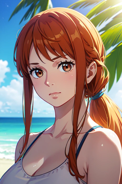 Asuka Langley Soryu, Evangelion, ((Asuka　Langley:1.5)), long hair, bangs, blue eyes, brown hair, ((red hair ornament)), mature woman, looking at the viewer, dutch angle, dynamic pose,joy,origin,(beautiful face),(realistic face, perfect eyes,1.1),analog style,RAW,real life photo,medium quality,normal aesthetic,break,1girl,(japanese girl:1.1),(round face:1.3),break,(intricate underwear),(masterpiece, highest quality, 16K), delicate, Detailed, Sharp, 1 girl, smile, At the beach, ((sexy bikini)), ((sexy panties)), ((perfect fingers:1.5)), human anatomy,