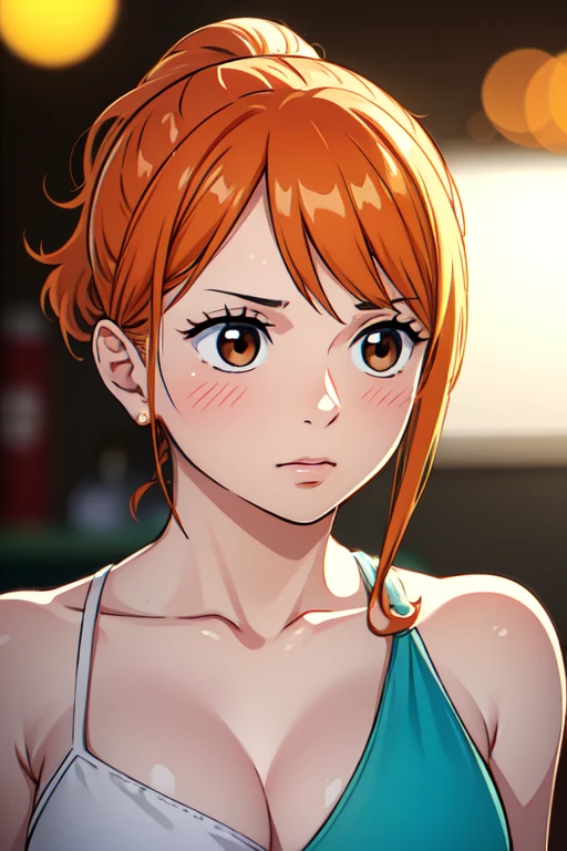 Nami from One Piece, Long orange ponytail hair, (Highest quality, 4K, 8k, High resolution, masterpiece:1.2), Very detailed, and (Realistic, photoRealistic, photo-Realistic:1.37) Beautiful brown eyes, blush, See-through T-shirt,See-through so you can see your swimsuit, Anime Style, Add HDR, 超High resolution, Studio Lighting, Ultra-fine painting,tits、Titty fuck、のちんこをtitsではさんでる、semen、のちんこからsemenが飛び散っている、You have a pleasant look on your face、のちんこをtitsで挟んで上下にしごいてる