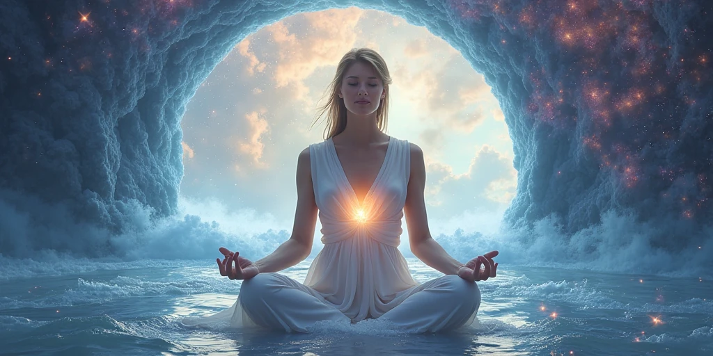 "A 'being of Light,' in human-like form, transparent, translucent, ethereal, hovering, meditating in a lotus position, floating over a lake at sunset."