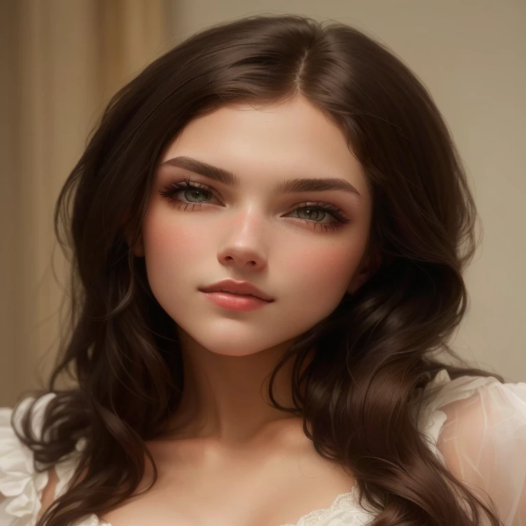 A stunning photograph of a young woman with wavy brown hair, captivatingly gazing directly at the camera. Her arms are gracefully raised, holding her hair up, while she showcases her floral and leaf-printed sheer mini dress. The background is a muted, neutral color, likely a room with white walls and wooden elements. The soft lighting creates a warm ambiance, highlighting her features and giving her an ethereal glow.