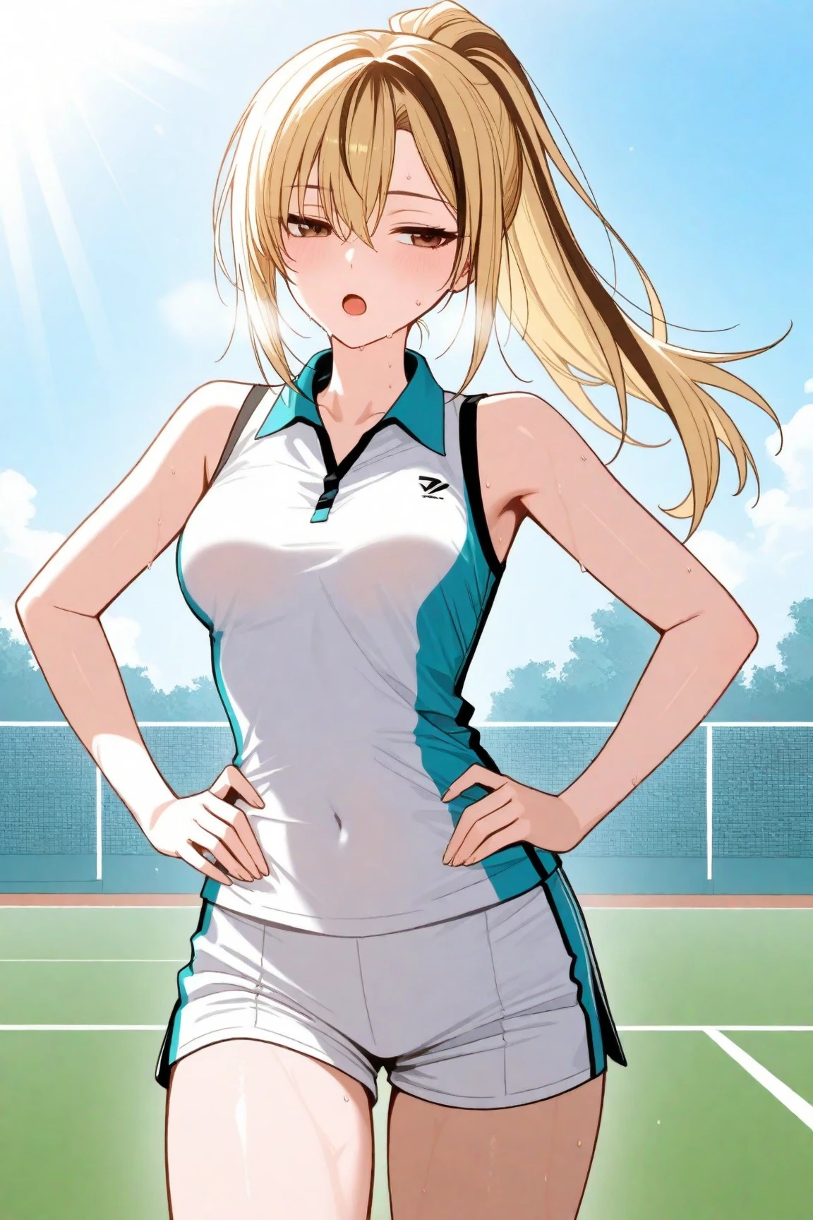 最high quality、Best image quality、masterpiece、With a girl((16 years old, Play sports frequently、Best Bust、Bust 90、Blonde twin tails、Red eyes、Open your chest wide, thin, smile, liar、Troubled expression、 cute、Winning spirit、Tennis uniform、peace sign、Are standing))、high quality、Beautiful art、With background((Sports club))、Tabletop、Exquisite design、Visual Arts、