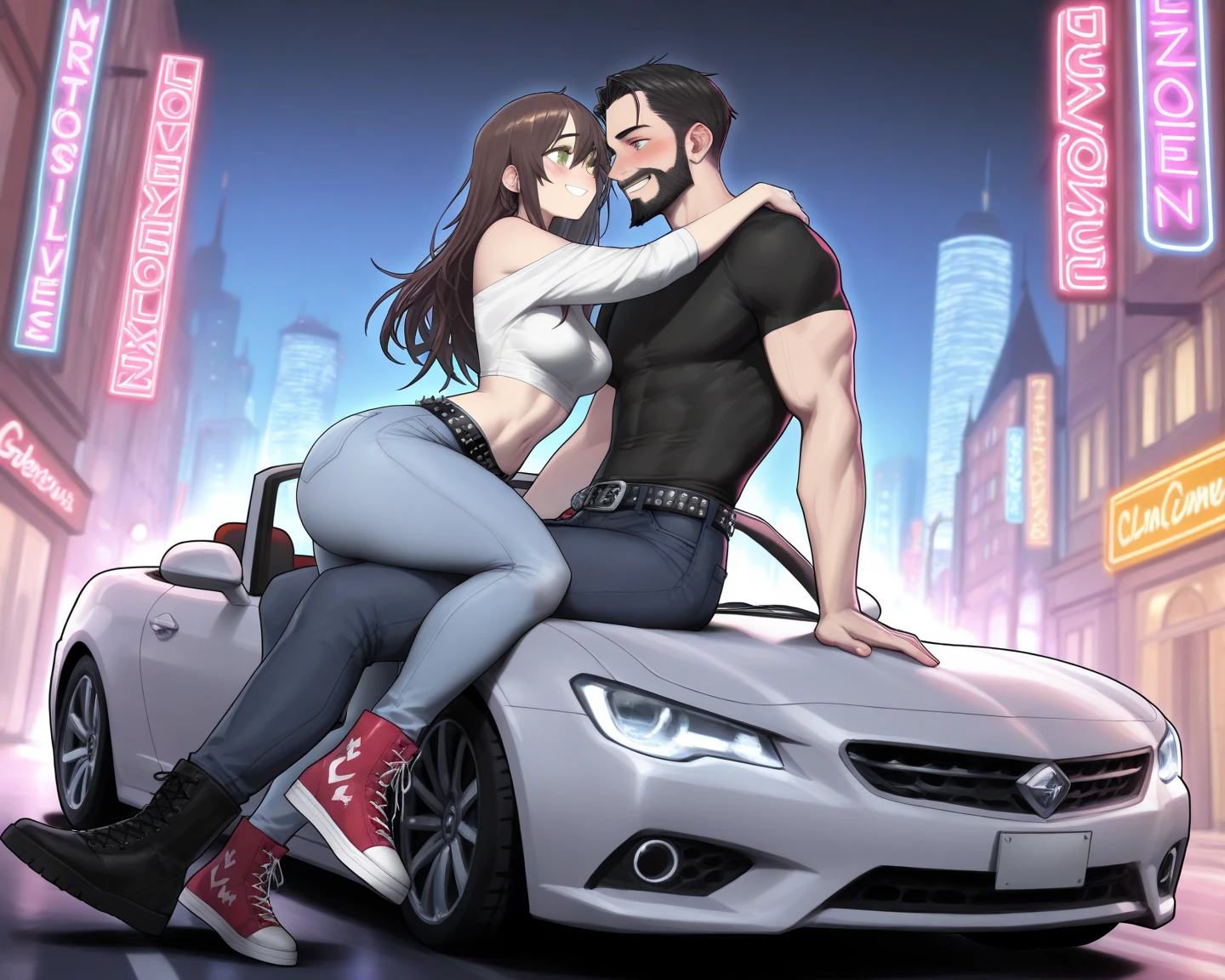 The man in his 45s with black very short hair and smooth face with moustache. The woman in her 45s with brown wavy long hair. They are naked. They are in the backseat of a luxury car. Night. Dark. Cowgirl sex. The woman is moaning. They are hugging. Orgasm. Passion. Erotic. Ultra realistic.