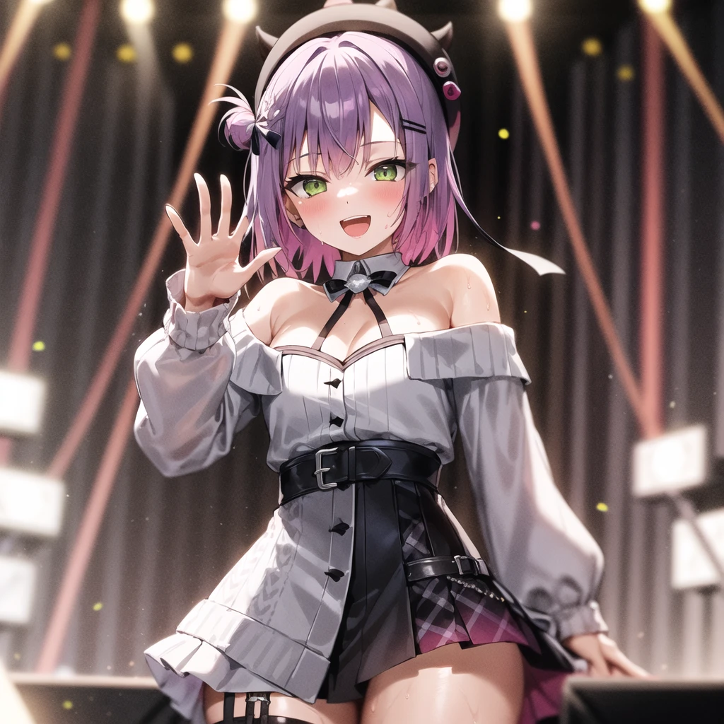 hires detailed, Confident, Concert stage, Night, Medium-shot, Singing into a microphone, Curvy, Female, Tanned skin, Large breasts, Green eyes, Purple hair styled in a messy bun, Studded leather jacket and plaid skirt, Smirking expression, Colored lighting.