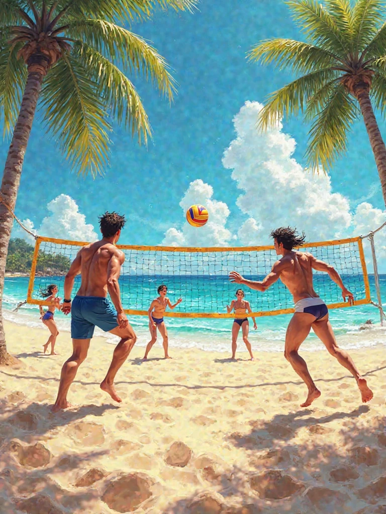 A vibrant beach scene at noon, where three young men, all 28 years old, revel in the celebratory spirit. Their well-defined, tan bodies are on full display, a testament to their active lifestyle and the warm embrace of the sun. The central figure stands tall and confident, his torso bare, revealing a tapestry of tattoos that tell a story of adventure and self-expression. To his left, a friend with a contagious smile holds a beach ball aloft, his lean muscles rippling as he prepares to throw it back into the impromptu game of volleyball. On the right, another companion, equally as fit and tanned, juggles a set of beach frisbees, his eyes sparkling with mischief as he plans his next move. The pristine sand stretches out behind them, leading to the shoreline where turquoise waves kiss the shore. A colorful array of beach towels, inflatable pool floats, and a portable speaker playing upbeat music complete the festive setup. The three friends are surrounded by a lively group of partygoers, a mix of friends and strangers, all engaged in various beach activities. The atmosphere is electric with laughter and camaraderie, as the smell of BBQ wafts through the air and the sound of splashing water punctuates the party's buzz. The bright blue sky is adorned with fluffy white clouds that seem to be dancing along to the rhythm of the ocean. The men's joy and vitality are mirrored in the vibrant hues of the scene, creating a snapshot of carefree youth and the timeless allure of a beachside bash under the high noon sun.