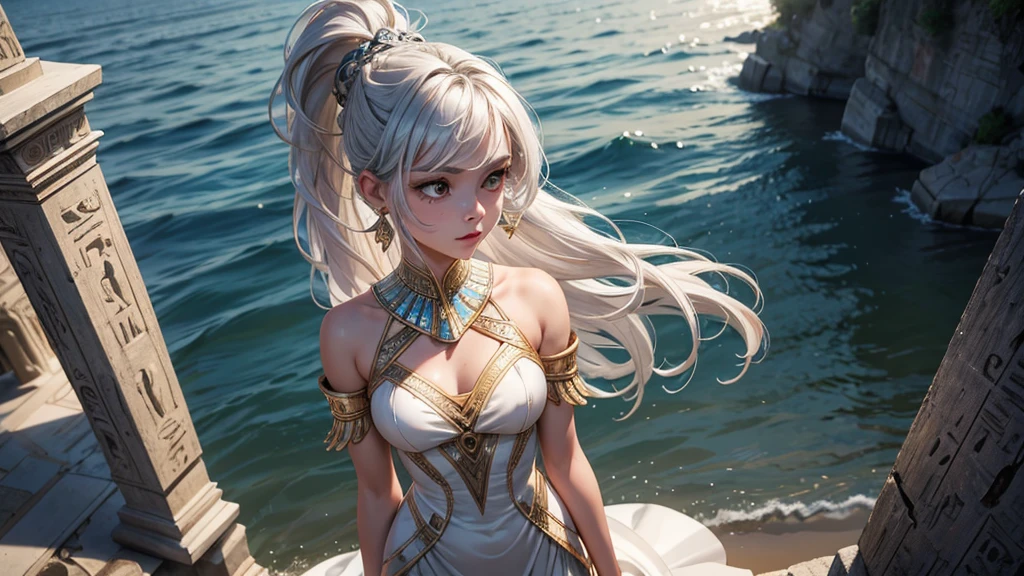 oil painting and cg rendering portrait of fairy, black theme, a nsfw woman with long white hair wearing sleeveless shirt with a crown in falling rose petals, jewelry, pearl_(gemstone), earrings, bracelet, blue eyes, eyelashes, cherry blossoms, white hair, red lips, closed mouth, parted lips, detailed anime soft face, pale snow white skin, beads of water, exposed shoulders, upper body, water, chain, nature, hand up, wind, grand background.a detailed painting, by mi qi, pixiv, super high detail picture, icy, young goddess, detailed face