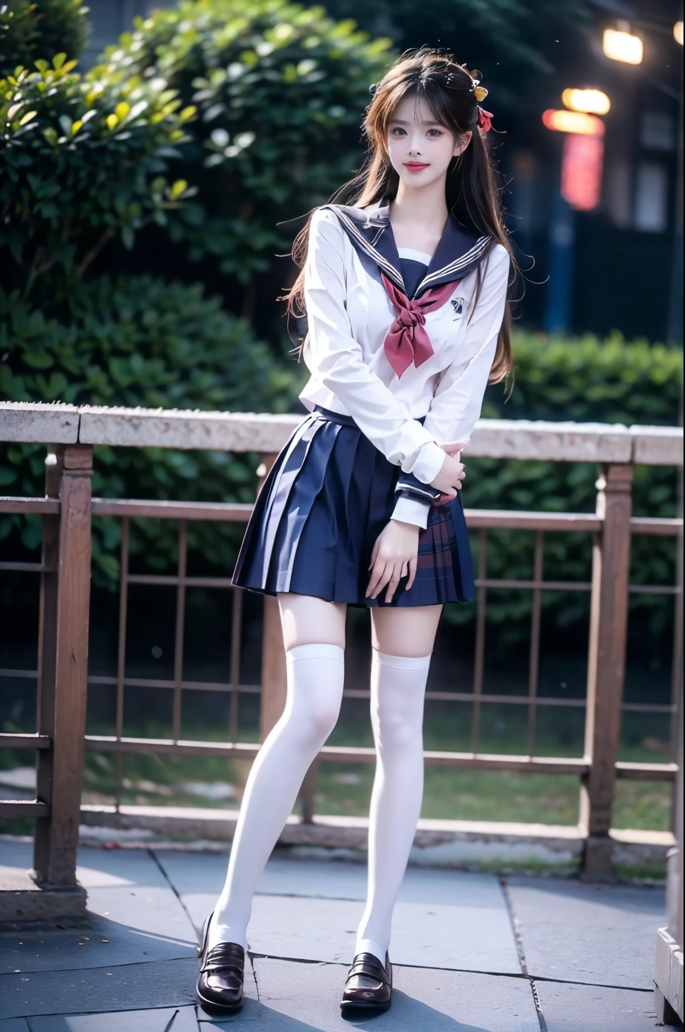 white thighhighs
loafers
black footwear
brown footwear
school uniform
mary janes
pleated skirt
plaid skirt
serafuku ,,(Masterpiece, best quality, Super high, realistic: 1.3), realistic, beautiful young woman, (Standing posture), (Big bust, deep V-neck), (Very short hemline), (Supermodel: 1.2), (perfect leg shape: 1.3), model pose, one leg straight in front of you, the other leg naturally bent, elegant poses, random scenes, random shooting angles, (delicate smile: 1.1), (Depth of field: 1.3) 0.8), Bokeh: 0.8), aesthetic, romantic atmosphere, soft lighting, dreamlike, cinematic lighting, beautiful, gorgeous, intricate details, sharp focus