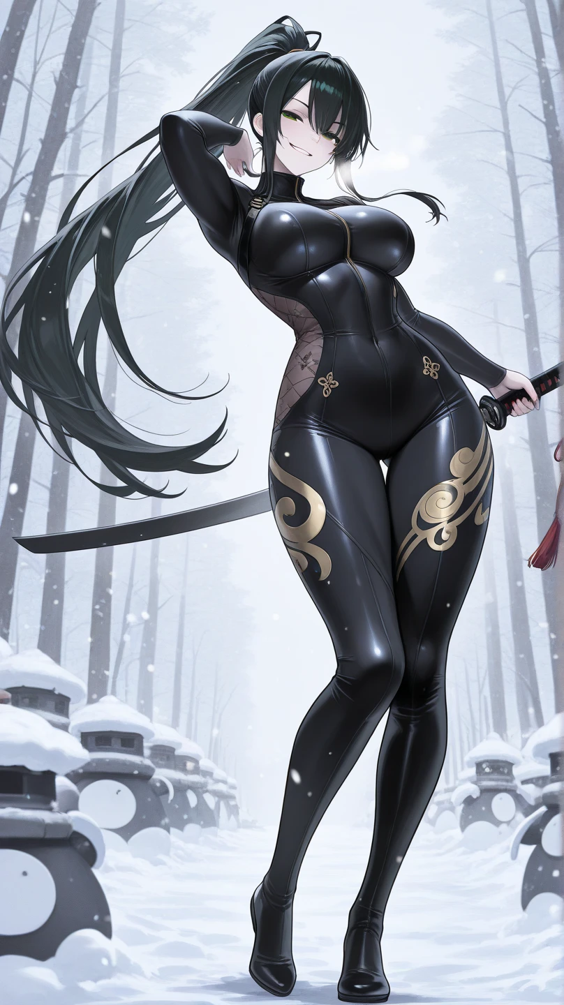 cartoon geisha ninja cyborg lady, intricate black clothes, golden ornementations, delicate, katana, (hero:1.1), gorgeous, masterpiece, best quality, perfect lighting, extremely detailed, reference sheet, simple white background, (two views, [from behind|from front]:1)
