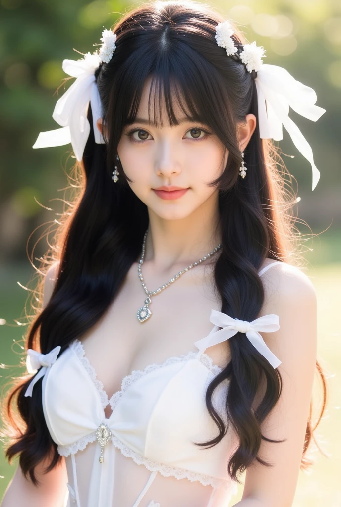nsfw, sexy stylish Thai model, only 1 female, ((doll-like appearance)), short Mahogany stylish hair, ((shiny Victorian-Style boots)), (big smile), ultra detailed eyes, vivid eye makeup, lip-gloss, long lashes, defined eyebrows, ((sexy Paradise Kiss cosplay)), bell-shaped skirt, petticoats, high neckline, puffed sleeves, ((ultra detailed lace)), ((ultra detailed embroidery)), intricate details, Paradise Kiss accessoires and matching headpiece, choker, ((large sparkling Paradise Kiss jewelry)), cinematic light, detailed large park background with trees