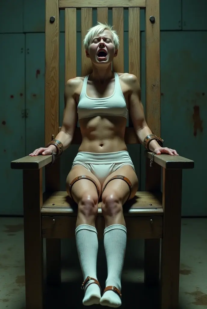 one girl is on the electric chair, toples white  highsocks, scared,