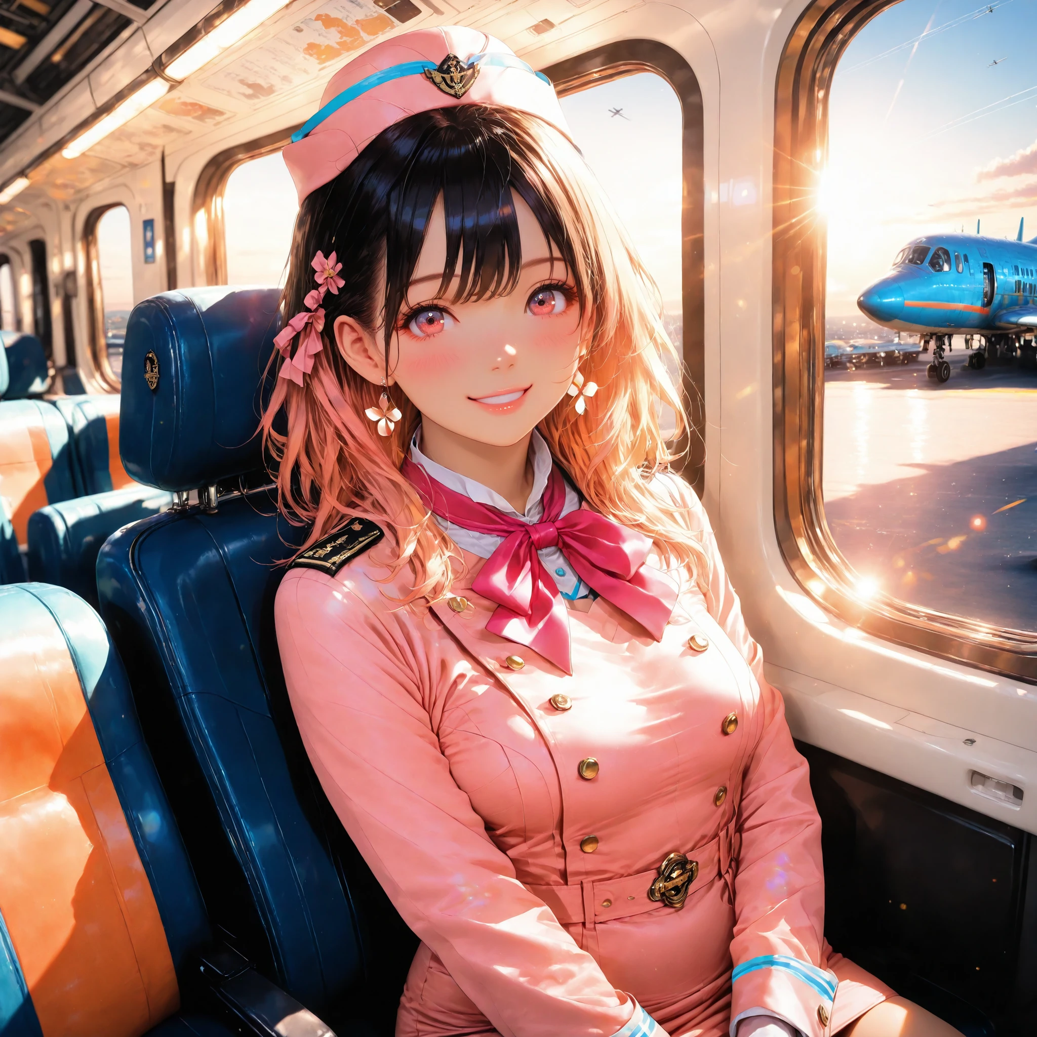 1girl,flight attendant,microskirt and boots uniform,orange and pink dress,smile,airplane interior,dynamic angle,depth of field,newest,super fine illustration,highly detailed beautiful face and eyes,perfect anatomy,professional lighting,(volumetric lighting),photorealistic,photo background,cinematic lighting,natural lighting,warm colors,golden hour,soft focus,octane render,HDR,8k,masterpiece,high score,great score,very aesthetic,absurdres,upper_body,
