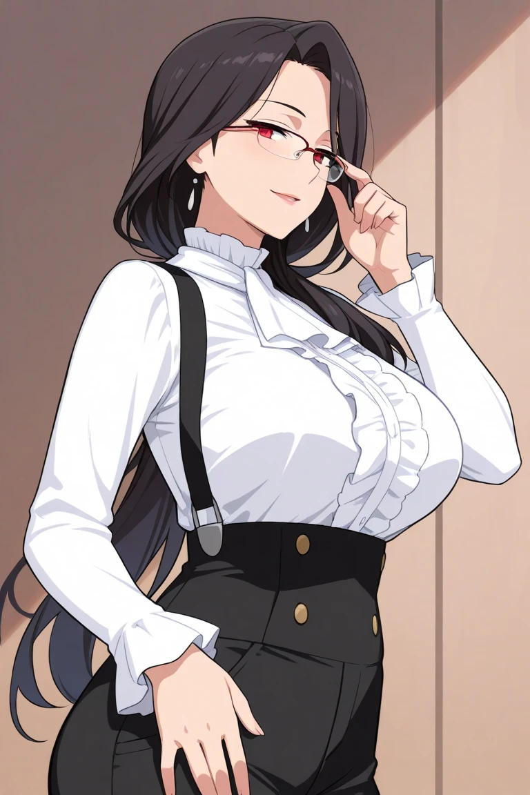 Beautiful woman, secretary, glasses, smiling, long hair, sexy face and body, big breast, black vest, white shirt, best quality