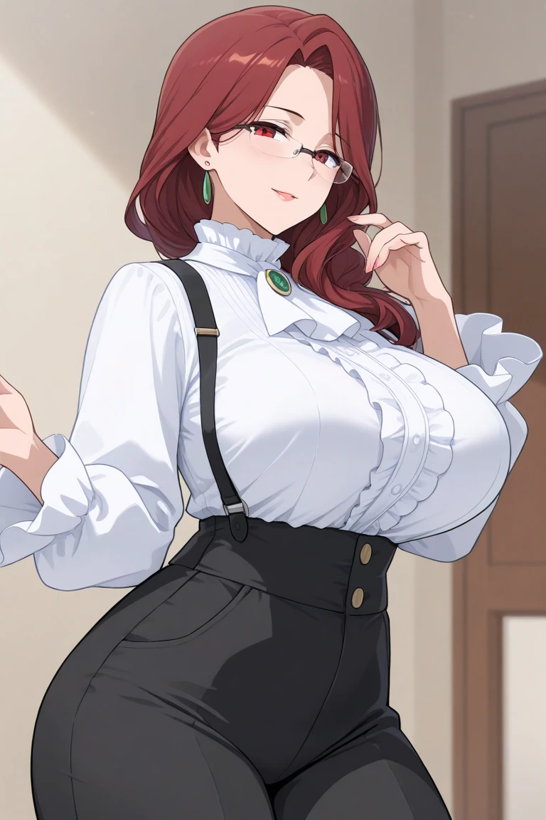 A girl with a huge chest, pink eyes and dark pink curly hair, wears a green vest with buttons and shows a navel, wears long, tight shiny black pants, carries a hand, can be seen in the autumn wind.