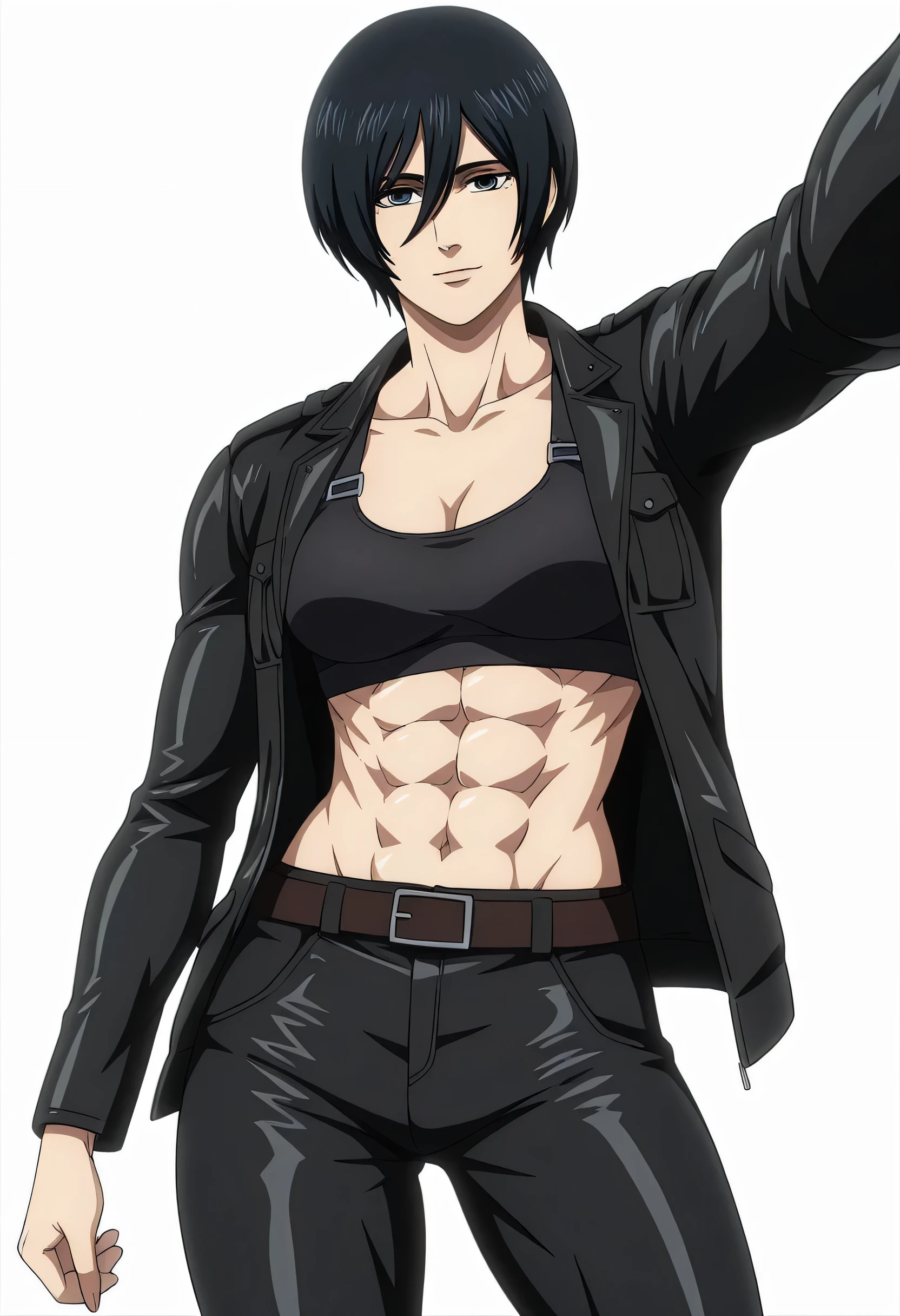 anime coloring, anime screencap, mikasa ackerman, 1girl, solo, short hair, black hair, towards viewer, badass, closed mouth, black sport bra, , belt, black pants, standing, cowboy shot, reaching towards viewer,, white background, simple background, masterpiece, best quality, highres, very aesthetic, very awa, newest, amazing details, intricate details, ultra detailed,six-pack,bluge between mikasa legs indicates that she have non erect penis,tone six-pack,lean,Matching design own anime,metal muscles designed,sexual pelvis muscles,mikasa handsome face,mikasa princes face,serratus anterior muscles,light smile,mikasa sexual energy enough to do 50 orgasms,sporting body, tall black light jacket sleeves,