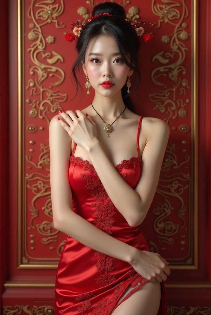 1girls,shrubs,Girl-Girl,china dress,chinese clothes,Chinese hair pins,(masterpiece:1.4),(bestquality:1.4),(oily shiny skin),Red lips,looking at the audience,Big breasts,cleft lip,upper body,
