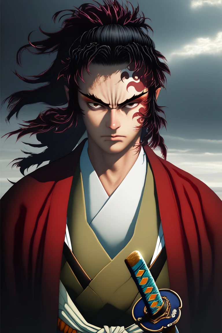 Chico,Cao Cao, long hair like suguru geto tied up, Fair skinned, serious look, アニメ