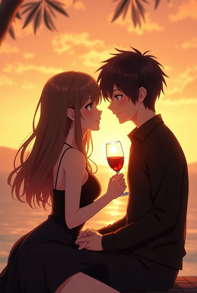 A tranquil beach scene during sunset, the animation showcases the couple sitting on a blanket, sharing a bottle of wine and laughing together.