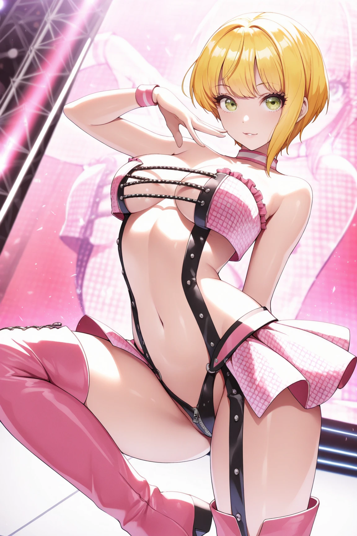 a beautiful girl with detailed face, long eyelashes, pastel pink lingerie with white details, black microskirt, thigh high stockings, garter belt, looking at camera with smile, masterpiece, hyperrealistic, 8k, intricate details, studio lighting, ethereal, elegant, glamorous