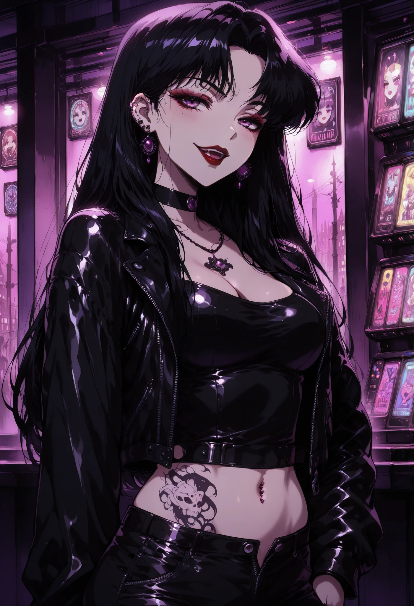 masterpiece, best quality, 1girl, solo, eyelashes, (beautiful eyes), pink neon, goth, 1girl, solo, looking at viewer, smile, short hair, bangs, shirt, black hair, jewelry, , purple eyes, earrings, choker, necklace, parted bangs, black shirt, black choker, lipstick, portrait, red lips, anime coloring, tomoe hotaru, looking at viewer, long hair, black hair, closed mouth, purple eyes, parted bangs, black shirt, black choker, red lips, anime coloring, tomoe hotaru ,, ear piercing, long hair, blush, lipstick,Hot girl, baddie, smoking, sensual, attractive ,bar background, inside bar,indoors, cityscape, casino, nightclub, city lights, masterpiece, best quality, highly detailed, a girls with a gun, evil smile , open mouth, sexy gaze, badass
pose , evil smile, smile, (nsfw) not safe for work, guns blazing, anime girl with long hair, beautiful long
haired girl, navel, evil expression, exposed belly, exposed navel, exposed midriff, exposed lower belly,
long black pants, cleavage, unbuttoned leather pants ,open fly, low rise black leather pants,
leather jacket, holding a gun, holding pistol, navel piercing , ,unbuttoned shirt, collared
shirt, knot, , waist dragon tattoo, narrowed eyes, tattoo waist,, smirk, medium large breast,