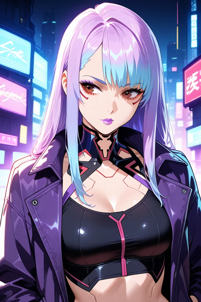 1 girl, Blunt bangs, Braiding, Wide sleeves, hair ornaments, kimono, Red belt, (Purple Hair:1.2), Very long hair, Straight hair, Looking at the audience, Highly detailed background, (Realistic:1.2), Fine Eyes, Red eyeshadow, Written boundary depth，thigh, (Ulzzang-6500:0.7), Upper Body, (alone:1.2), (Cyberpunk City:1.1), Cleavage, Shiny skin、Hair blowing in the wind、night、squirt、
