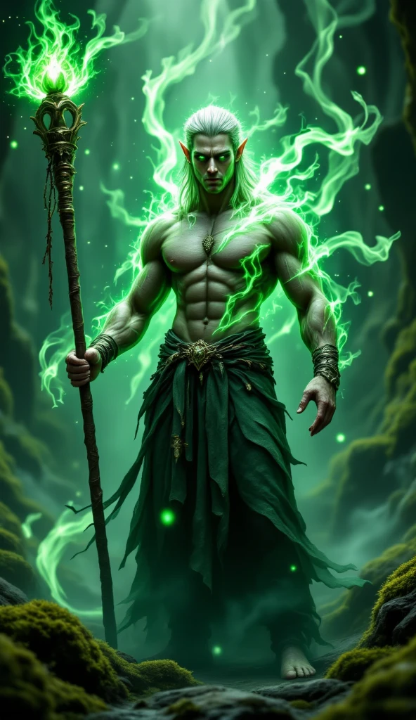 a cinematic film still, 8k, ultrarealistic, RAW, HDR, DSLR, handsome young man of 20 years, irish, muscular, short auburn hair, stubble, who has silver and bright eyes, he is a sorcerer, a green magical energy forms an aura around him, rising in the night, volumetric atmosphere, has ancient ruins of stone glowing green. NIGHT SCENE