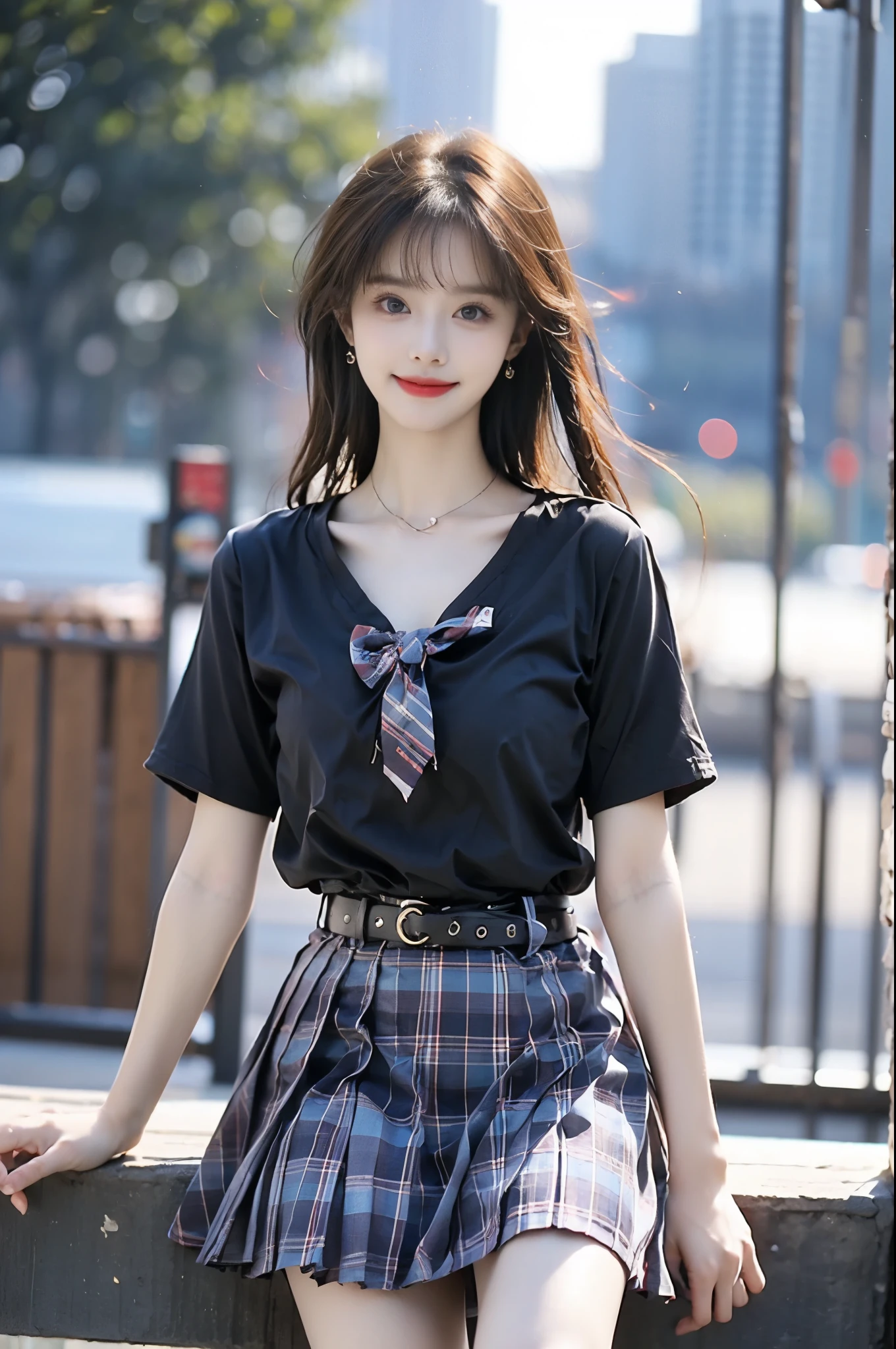 skirt,plaid necktie,belt,plaid skirt,black shirt,bowtie, ,,(Masterpiece, best quality, Super high, realistic: 1.3), realistic, beautiful young woman, (Standing posture), (Big bust, deep V-neck), (Very short hemline), (Supermodel: 1.2), (perfect leg shape: 1.3), model pose, one leg straight in front of you, the other leg naturally bent, elegant poses, random scenes, random shooting angles, (delicate smile: 1.1), (Depth of field: 1.3) 0.8), Bokeh: 0.8), aesthetic, romantic atmosphere, soft lighting, dreamlike, cinematic lighting, beautiful, gorgeous, intricate details, sharp focus