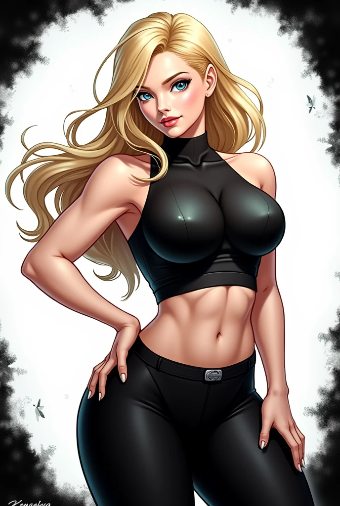 Emma Frost, wearing black tube top and tight black leather pants, cleavage showing, pale white skin, blonde hair, beautiful detailed eyes, luscious big round breasts, slim waist, wide hips, perfect slim athletic body, toned abs, beautiful hands; PhotoRealistic, Ultrarealistic, highres, 8k, dark cinematic lighting; brothel in background