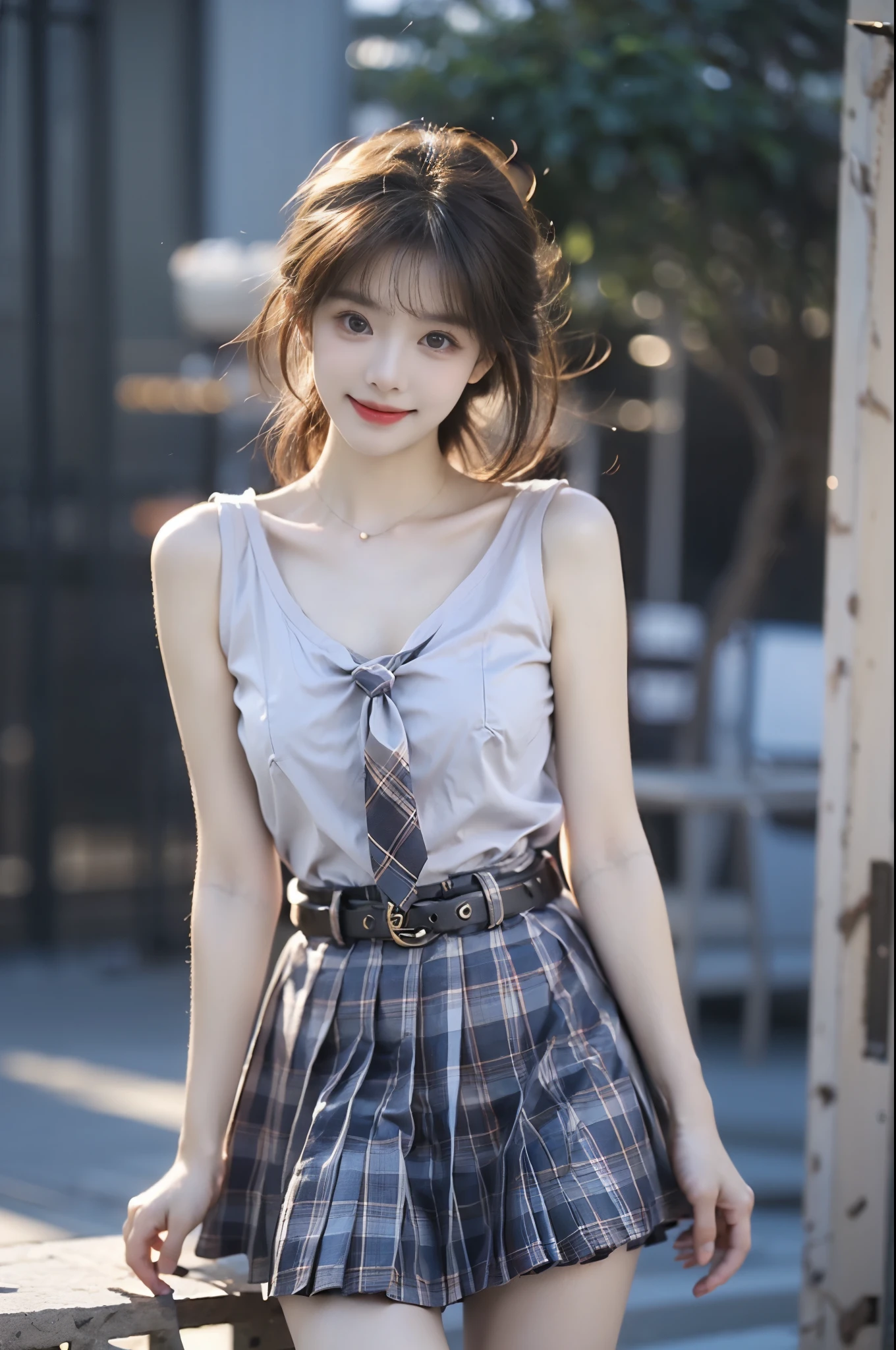 skirt,plaid necktie,belt,plaid skirt,black shirt,bowtie,  ,,(Masterpiece, best quality, Super high, realistic: 1.3), realistic, beautiful young woman, (Standing posture), (Big bust, deep V-neck), (Very short hemline), (Supermodel: 1.2),  (perfect leg shape: 1.3), model pose, one leg straight in front of you, the other leg naturally bent, elegant poses, random scenes, random shooting angles, (delicate smile: 1.1), (Depth of field: 1.3) 0.8), Bokeh: 0.8), aesthetic, romantic atmosphere, soft lighting, dreamlike, cinematic lighting, beautiful, gorgeous, intricate details, sharp focus