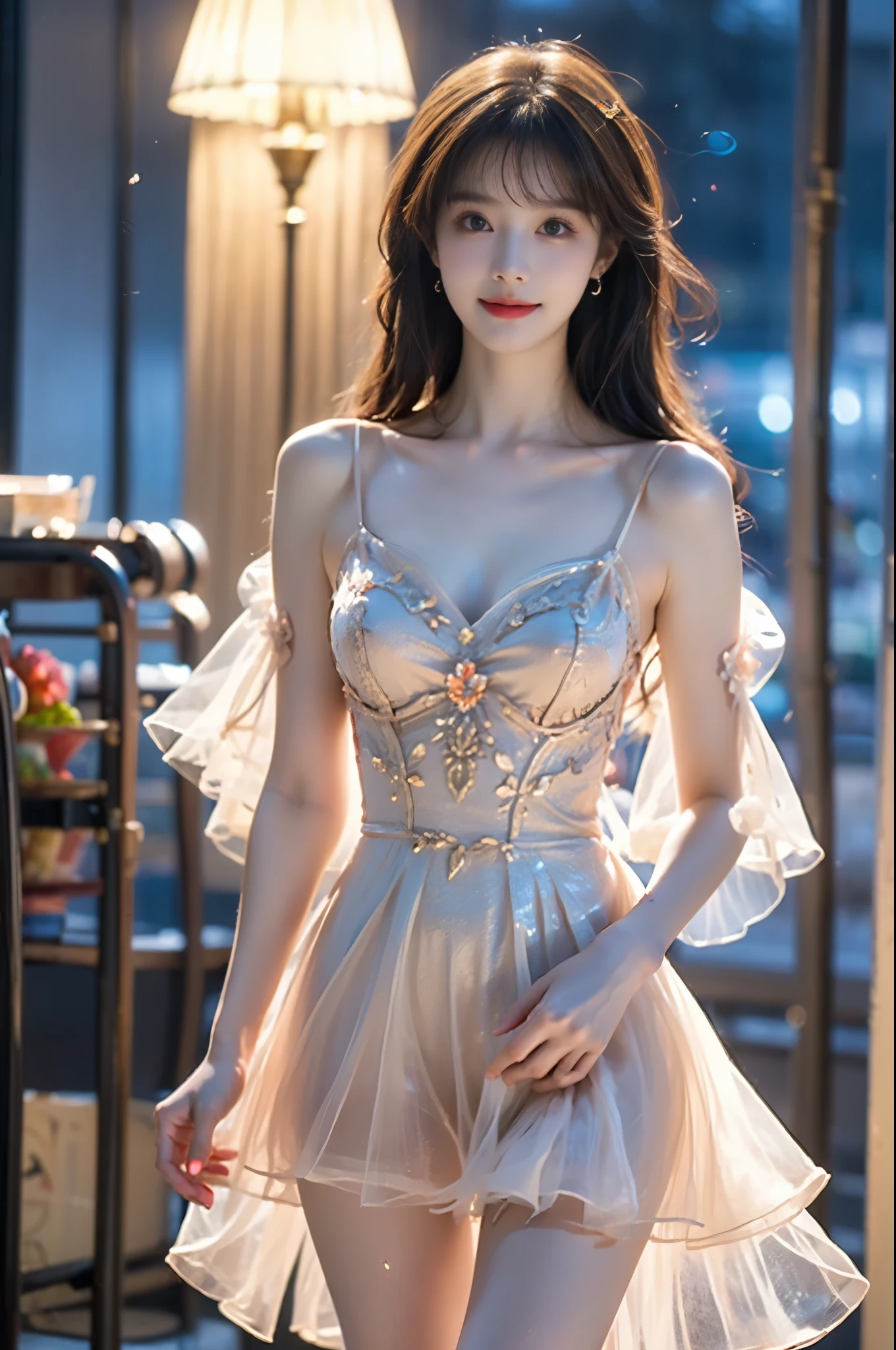 bioluminescent dress,butterfly dress,  ,,(Masterpiece, best quality, Super high, realistic: 1.3), realistic, beautiful young woman, (Standing posture), (Big bust, deep V-neck), (Very short hemline), (Supermodel: 1.2),  (perfect leg shape: 1.3), model pose, one leg straight in front of you, the other leg naturally bent, elegant poses, random scenes, random shooting angles, (delicate smile: 1.1), (Depth of field: 1.3) 0.8), Bokeh: 0.8), aesthetic, romantic atmosphere, soft lighting, dreamlike, cinematic lighting, beautiful, gorgeous, intricate details, sharp focus