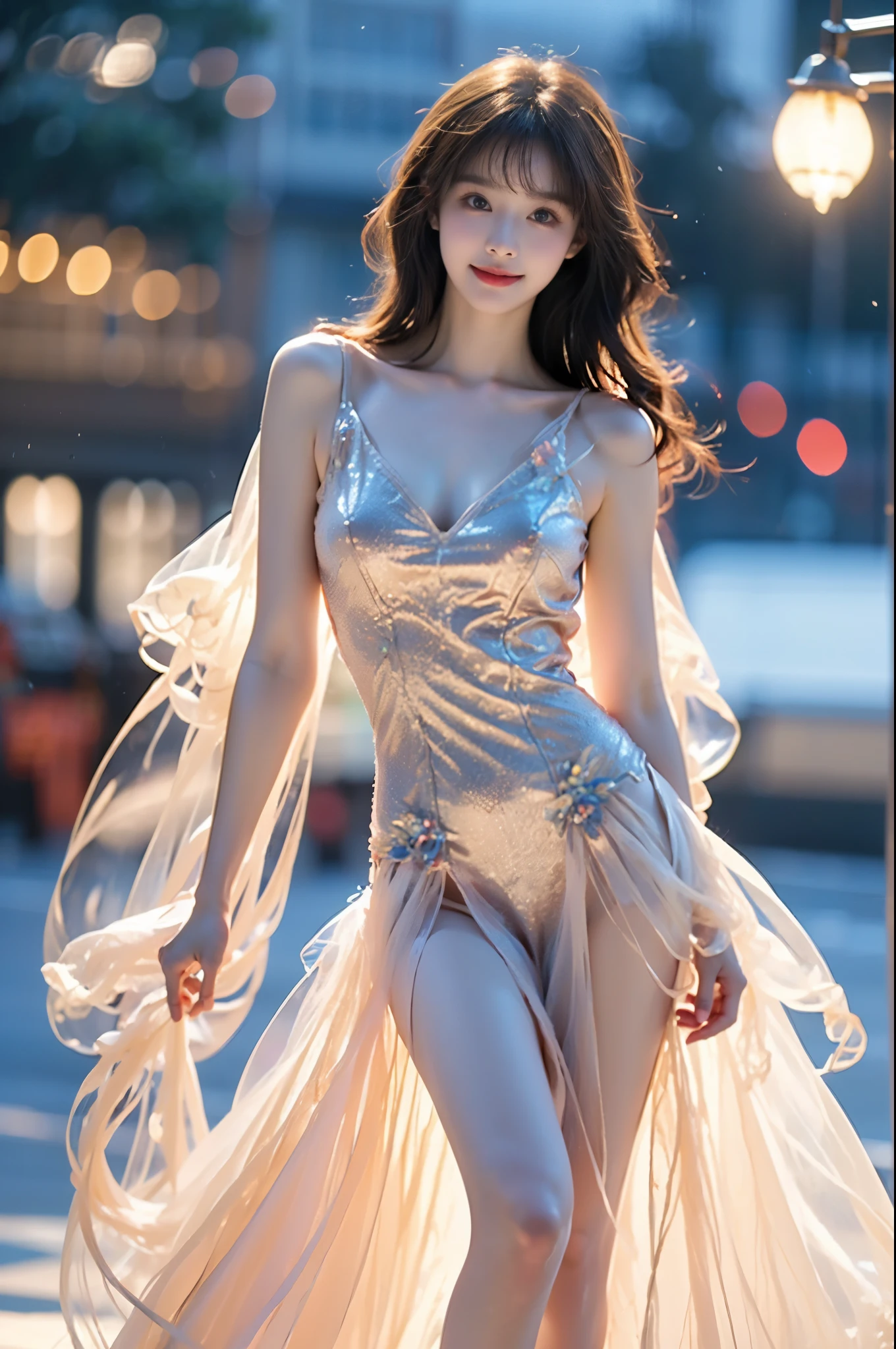Masterpiece, detailed, high quality, a woman on the balcony of the room, black hair, transparent fabric, thin, thin fabric, woman alone standing still, (1solo) only a light pink fabric, (seen from the front), large window, running out with the wind, ((orange lamp in the background)), (((night)), full body, hair in the wind, sculptural body, realistic background