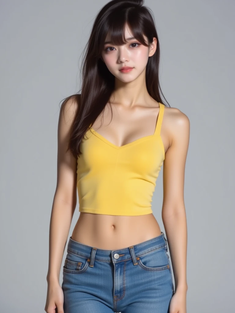 4K, masterpiece, 8k, high quality, 最high quality,10歳のcute少女 , Honor student, Very white skin, long brown curly hair,a bit,Low length,freckles,Thick eyebrows,Blunt bangs,(Flat Chest:1.4) ,feminine, freckles, Tilt, elegant, elegant, cute, smile, cute, Hilarious, belly button, Denim Low Rise Mini Skirt, ((Black Pantyhose)), (Yellow clothes)、((Gray background))