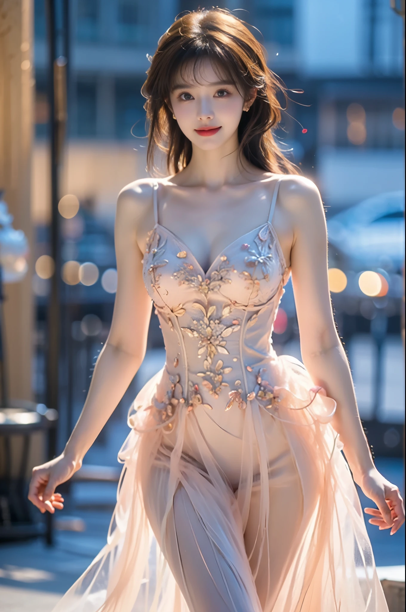 bioluminescent dress,butterfly dress, ,,(Masterpiece, best quality, Super high, realistic: 1.3), realistic, beautiful young woman, (Standing posture), (Big bust, deep V-neck), (Very short hemline), (Supermodel: 1.2), (perfect leg shape: 1.3), model pose, one leg straight in front of you, the other leg naturally bent, elegant poses, random scenes, random shooting angles, (delicate smile: 1.1), (Depth of field: 1.3) 0.8), Bokeh: 0.8), aesthetic, romantic atmosphere, soft lighting, dreamlike, cinematic lighting, beautiful, gorgeous, intricate details, sharp focus