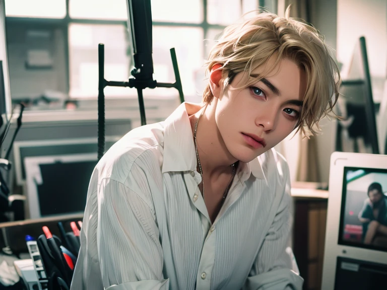 loid_forger, solo, looking at viewer, short hair, blue eyes, blonde hair, shirt, gloves, 1boy, sitting, sexy jacket, open white shirt, male focus, black gloves, pants, indoors, spread legs wide, open sexy jacket, muscular, formal, abs, cat, suit, pectorals, big huge bulge, couch, sexy green jacket, unbuttoned, micro green pants, , sexy , nsfw , eroticism , bare thights , wide hips , wide pelvis