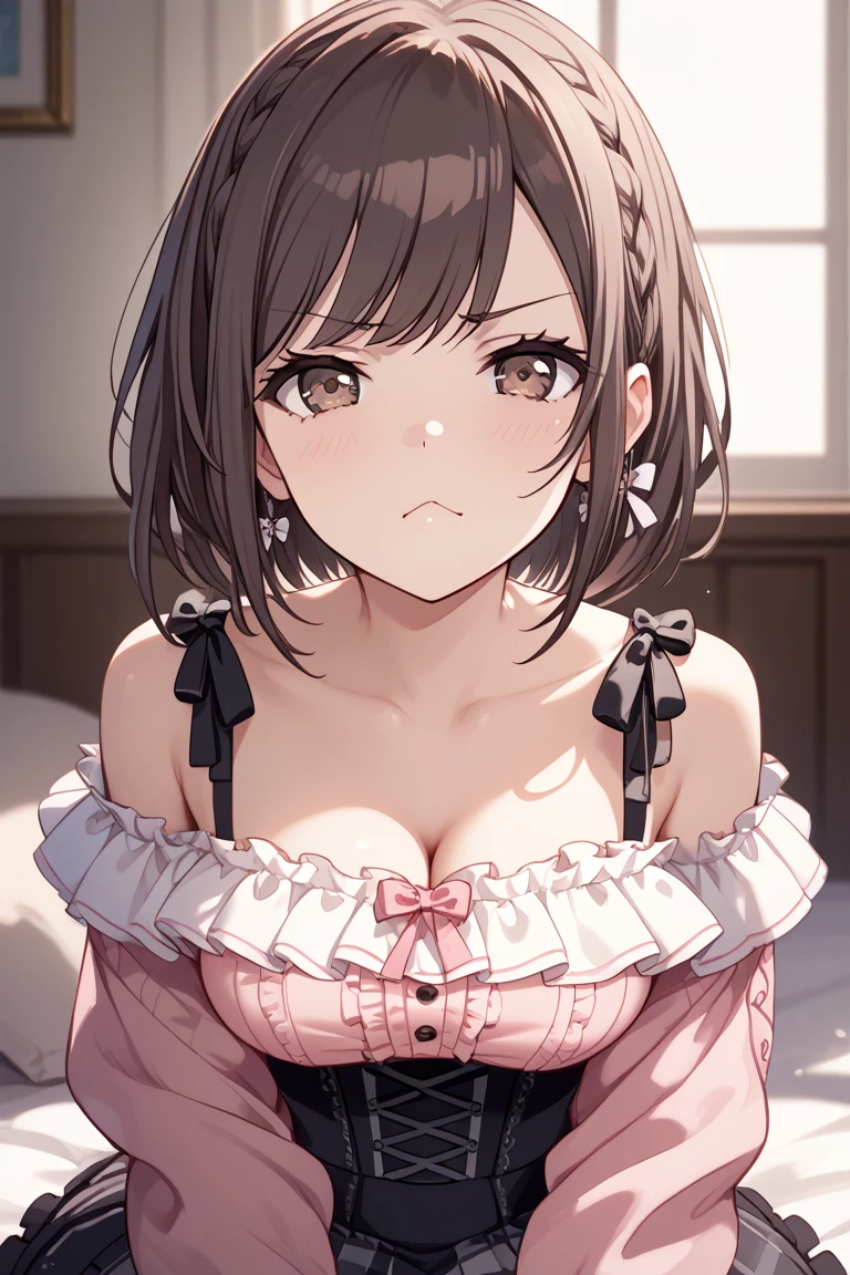 (highest quality、32K image quality、masterpiece、Hmph:1.2)、Cute 、Medium Short Hair、Short braids、Beautiful Face、Extremely detailed、(Hunchback:1.3)、At sunset、squat、(From above:1.3)、(Close-up:1.4)、、((I can see your chest))、Bust-up perspective、Loose and large shirt、(Beautiful nipple exposure:0.9)、outside of home、Wind、Glowing Skin、blurred background