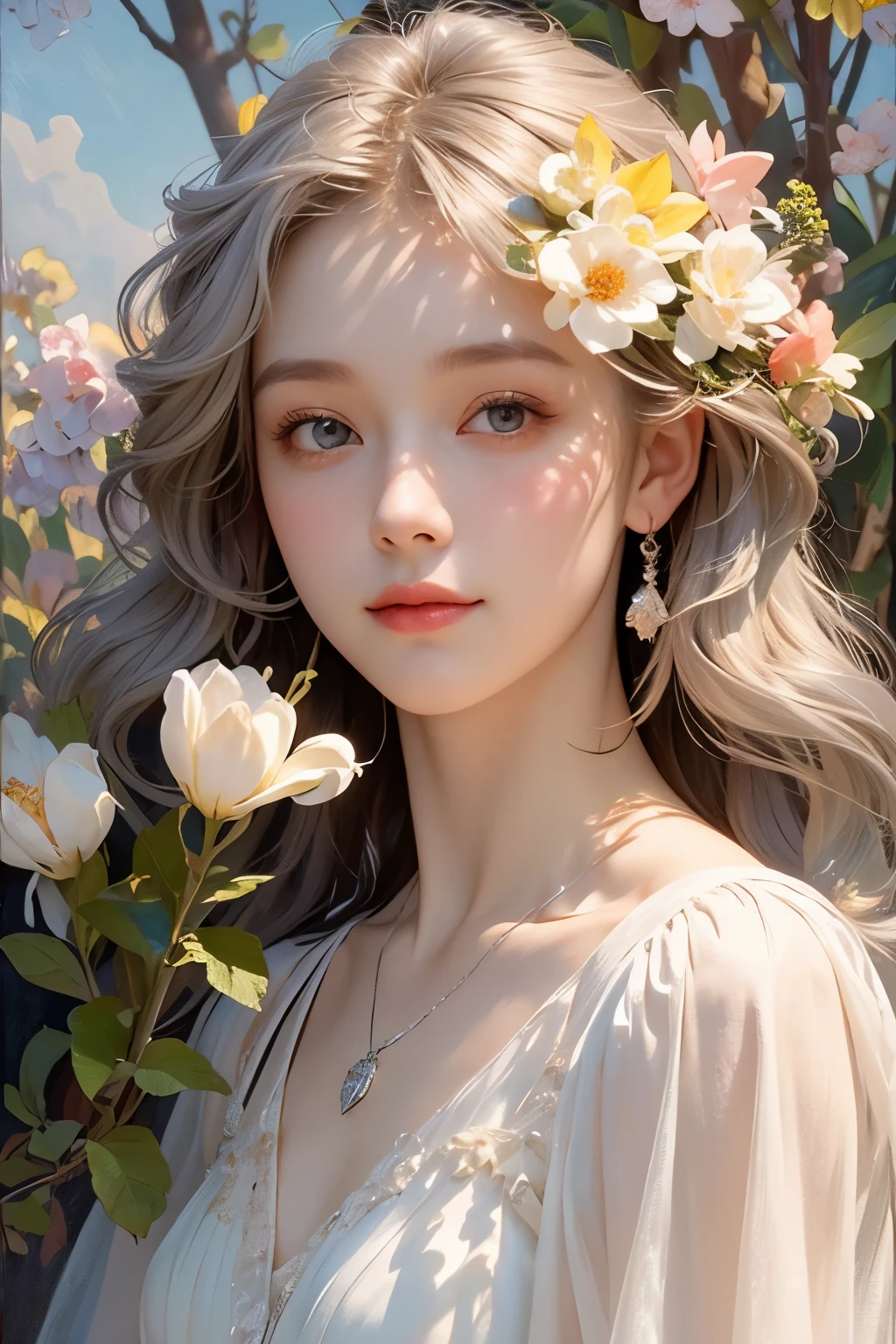 (Oil painting of a beautiful woman), rough touch, focus on face, striking portrait, (calm, gentle and bright small smile), ((medium-long almost straight silver-gray blonde hair)), (close-up), shiny skin, glossy lips, (casual spring-like outfit in pastel colors), (smart figure), small necklace, soft spring sunlight, small spring flowers of various colors, young leaves on trees, use of contour lines, clean line drawing, fine and precise details, bright primary colors used partially as accents, fine and precise details, muted colors, floral frame, Art Nouveau style decoration, (Alphonse Mucha style composition), masterpiece!, amazing!, beautiful!, wonderful!,