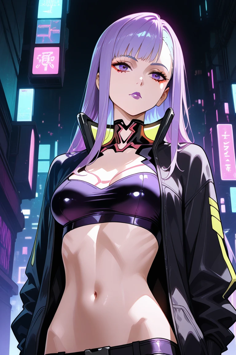 cyber punk: Edge Runners、rebecca、short height、Her body looks like a girl&#39;s, but her actual age is unknown.。(There are scenes where I drink alcohol)、（（（head、abdomen、She has a pink tattoo on her right thigh, making her skin completely white.）））+++、Her hair is in pigtails and she is wearing a high collar jacket.。Expert marksman with a wide variety of firearms、In a fit of rage, he fires a gun、Attack with Kiwi hacks、colored skin、white skin、angry、open your mouth、see the beholder、put your hand on your waist、lean forward、green hair、twin tails、prosthetic eye、colored sclera、red sclera、black jacket、bra、panties