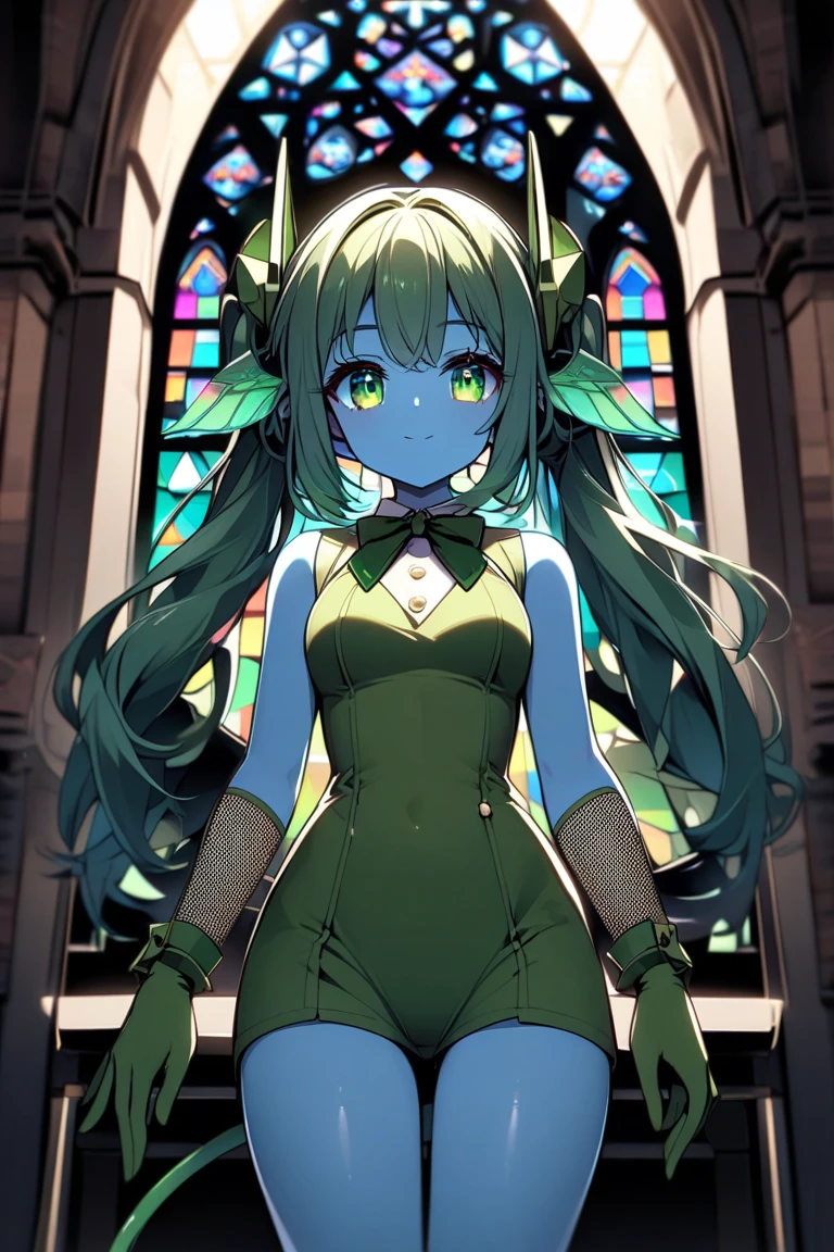 alraune woman, flower monster woman,20s,adult,madure female, white shirt,short sleeves,black standard tie,green hair,long hair, full body, classroom,(greenskin),Shallow Depth of Field