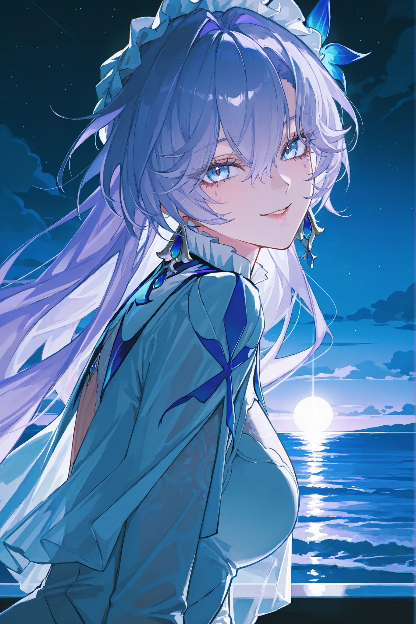 Персонаж Cantarella из wuthering waves, long lavender hair fluttering in the wind , long-haired, very big eyes, with her eyes , surprisingly wide patterns, blue eyes , Glass retina, the white clothes of the Cantarella character from the game wuthering waves , big plump lips , looks at the viewer, rosy cheeks, turns red , smile, shame , shine, better quality, Glass retina, ocean with , night sky with clouds and moon, night lighting, Night, thin and elegant , slim, emphasis on the eyes, detailed eyes, long background