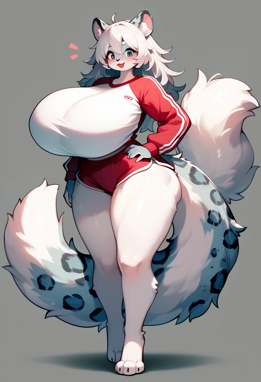 A cat girl with long white hair, a red body, pink nipples, enormous breasts, pink nipples, a big cock, very long, huge testicles, stands and masturbates until sperm flows.