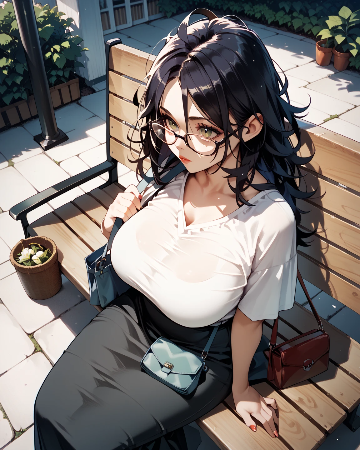 glasses plain long straight black Messy hair girl,Sulky face,plain long skirt,plain ,hunched back,dutch angle,from above,sitting on the bench,big breast,holding a plain bag