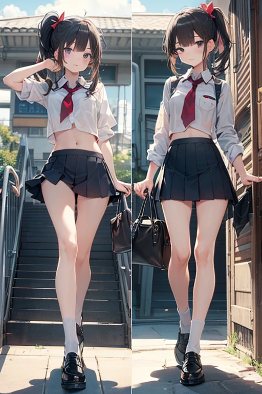 18 years old girls,Permanent,pair,wearing tennis shoes,(smallunderboob, Lively),(Glossy glossy skin:1),Wide hips,sharp vision,A detailed eye,The beautiful,Skirt up shot,long shirt,Gray school skirt,white shirt,in pink,Thin lips,Open,Medium hair,,Focus on the knee-length socks below, looking-down),NSFW,