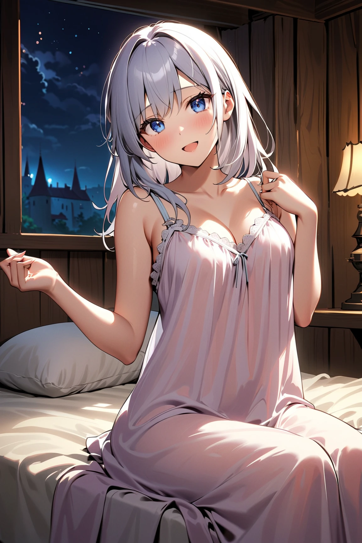 (8K, Highest Quality, Masterpiece:1.3)), Ultra High Resolution, (1 Girl, 1 Person), (Color Changing Eyes, Super Detailed, Expressive Shine, Sparkling, Glowing Eyes), High Definition Eyes, High Definition Face, Random Hair, (Silver Gray Color), A scene where a silver-haired woman is seducing with a seductive expression. Her hair is silky smooth and shoulder-length. Her eyes are deep blue, with slightly enlarged pupils and droopy eyes that give her an ecstatic expression. She is wearing a lace negligee, and you can see how the delicate material is gently touching her skin. The negligee is pale pink, and the thin fabric beautifully accentuates her body lines. The shoulder straps are thin and almost slip off her shoulders. Her expression is very seductive, and her ecstatic eyes give off a charming aura. A smile appears on her mouth, and a sweet whisper seems to be heard from her slightly parted lips. Her cheeks are slightly flushed, with a subtle light reflecting off her high cheekbones. Her silver hair is in natural waves, softly draped around her face. In the background is a room lit by soft candlelight. The flickering candle flames cast a dreamy shadow on her hair and nightgown. At the back of the room is a bed, with silk sheets spread out softly. Flowers are displayed by the bedside, and a sweet scent fills the air throughout the room. The camera angle is at eye level with her, highlighting her captivating expression and curves. The light is soft, giving her skin a gentle glow. The candlelight in the background reflects off her hair and nightgown, creating an overall dreamy atmosphere. Seven-color light grain effects are added throughout, giving the surroundings a dreamy glow.